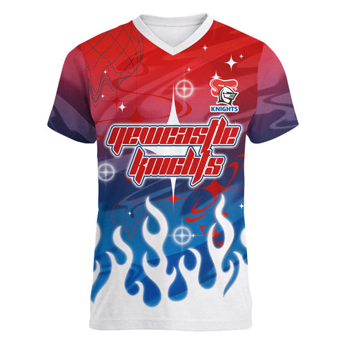 Personalized Newcastle Knights Women V-Neck T-Shirt Y2K Grunge Aesthetic With Cyber Flames and Starburst Graphics