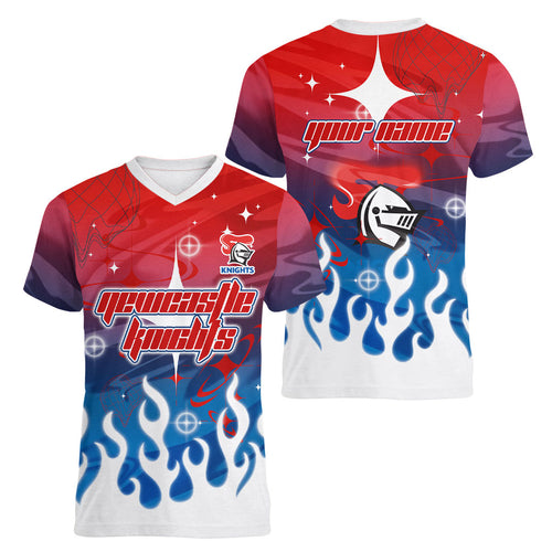 Personalized Newcastle Knights Women V-Neck T-Shirt Y2K Grunge Aesthetic With Cyber Flames and Starburst Graphics