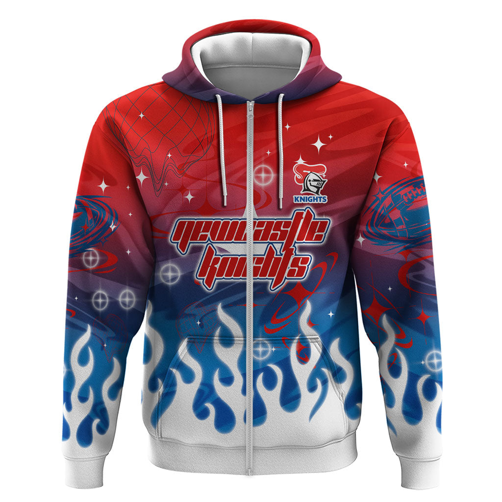 Personalized Newcastle Knights Zip Hoodie Y2K Grunge Aesthetic With Cyber Flames and Starburst Graphics