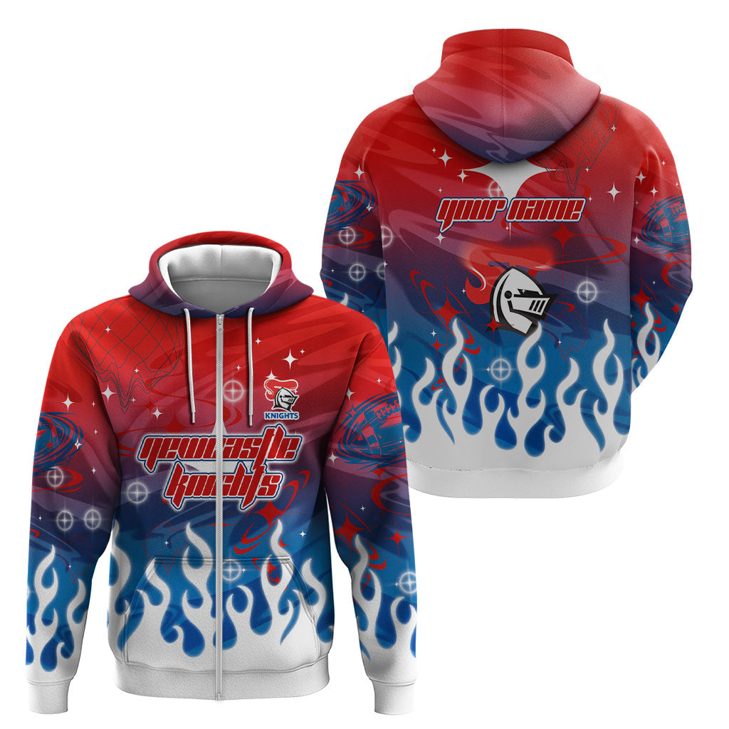 Personalized Newcastle Knights Zip Hoodie Y2K Grunge Aesthetic With Cyber Flames and Starburst Graphics