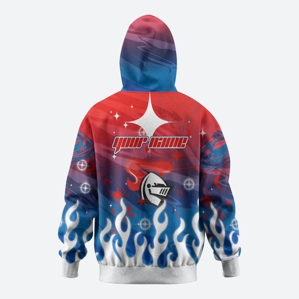 Personalized Newcastle Knights Zip Hoodie Y2K Grunge Aesthetic With Cyber Flames and Starburst Graphics