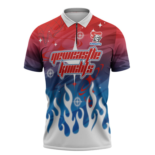 Personalized Newcastle Knights Zipper Polo Shirt Y2K Grunge Aesthetic With Cyber Flames and Starburst Graphics