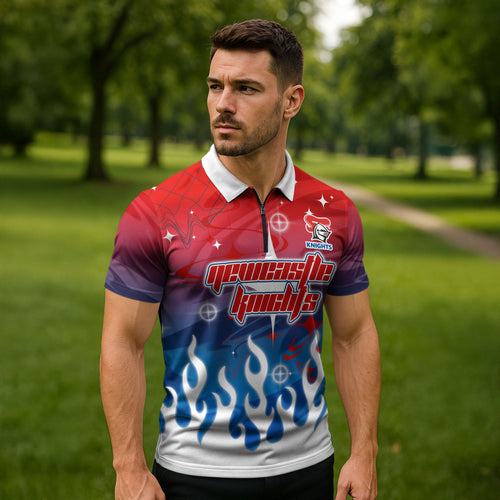Personalized Newcastle Knights Zipper Polo Shirt Y2K Grunge Aesthetic With Cyber Flames and Starburst Graphics