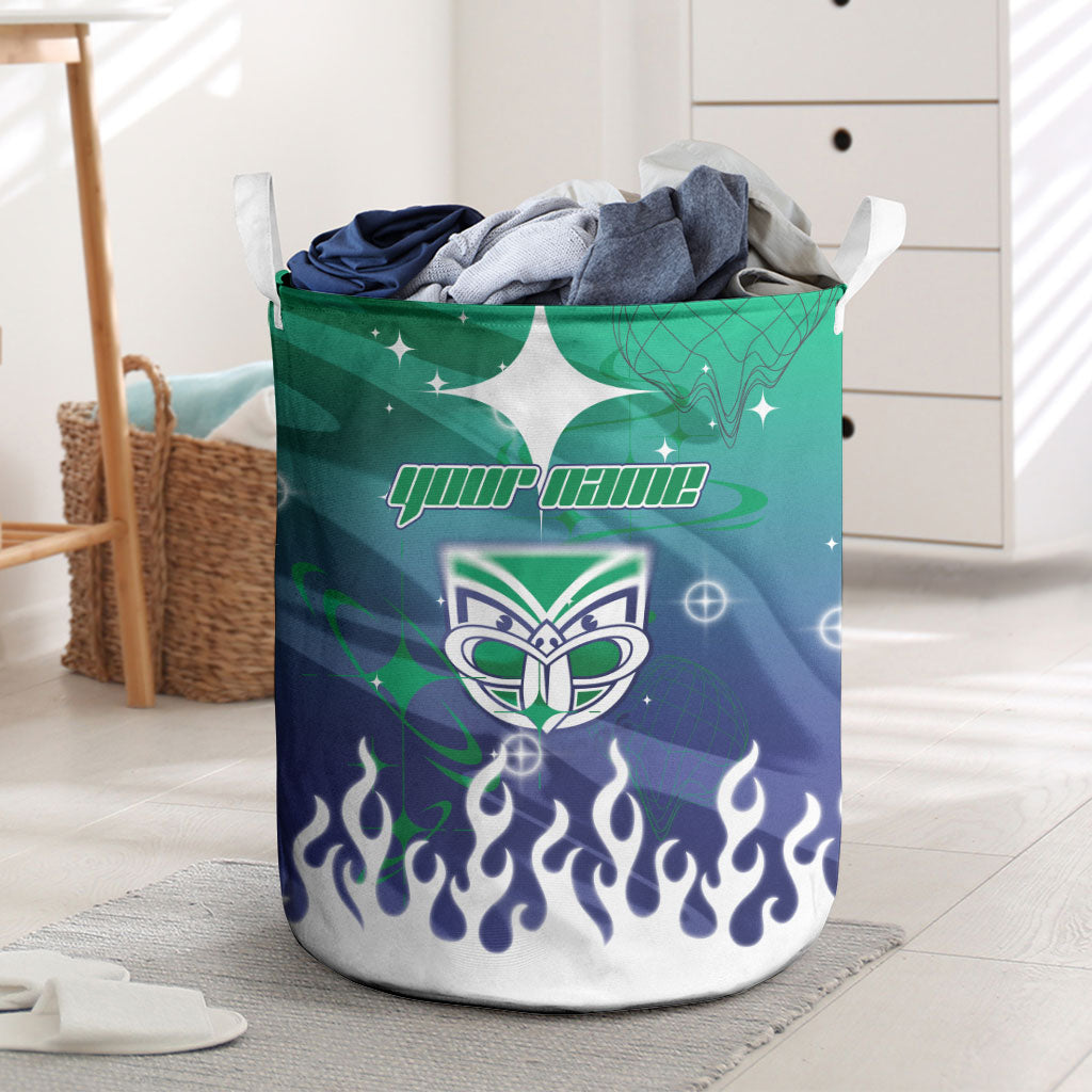 Personalized New Zealand Warriors Laundry Basket Y2K Grunge Aesthetic With Cyber Flames and Starburst Graphics