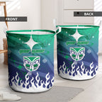 Personalized New Zealand Warriors Laundry Basket Y2K Grunge Aesthetic With Cyber Flames and Starburst Graphics