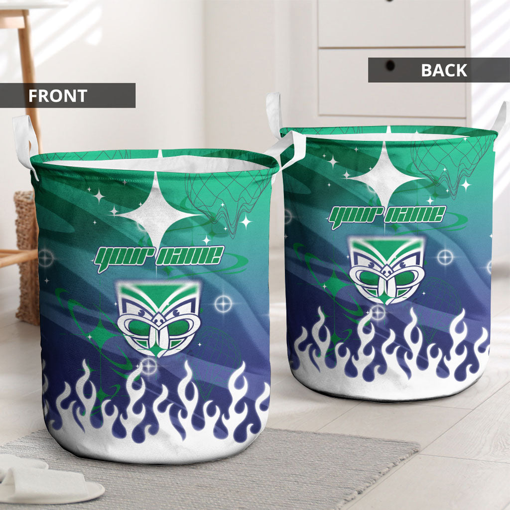 Personalized New Zealand Warriors Laundry Basket Y2K Grunge Aesthetic With Cyber Flames and Starburst Graphics