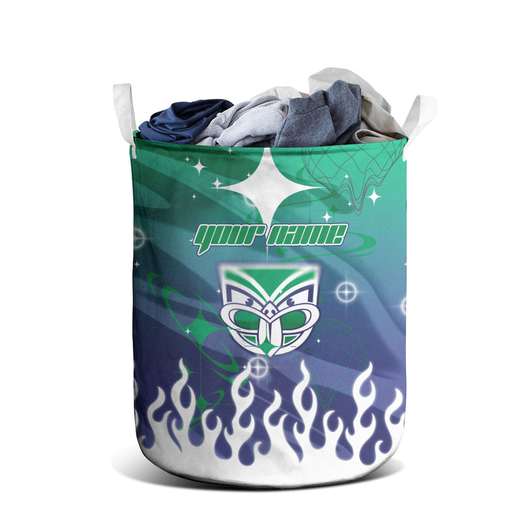 Personalized New Zealand Warriors Laundry Basket Y2K Grunge Aesthetic With Cyber Flames and Starburst Graphics