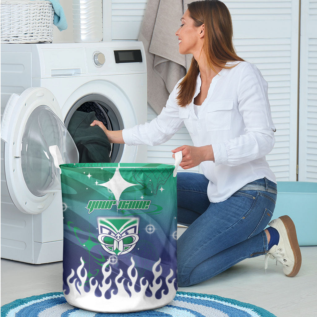 Personalized New Zealand Warriors Laundry Basket Y2K Grunge Aesthetic With Cyber Flames and Starburst Graphics