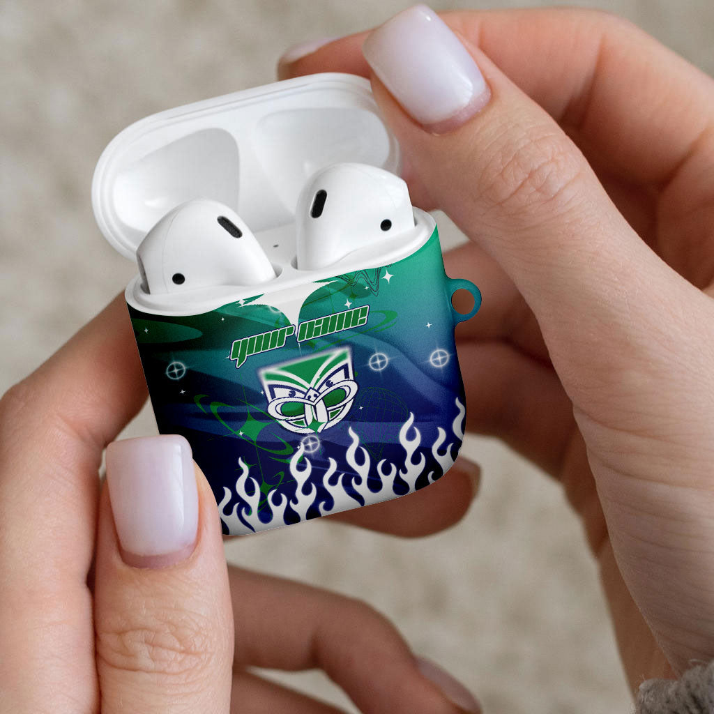 Personalized New Zealand Warriors AirPods Case Y2K Grunge Aesthetic With Cyber Flames and Starburst Graphics