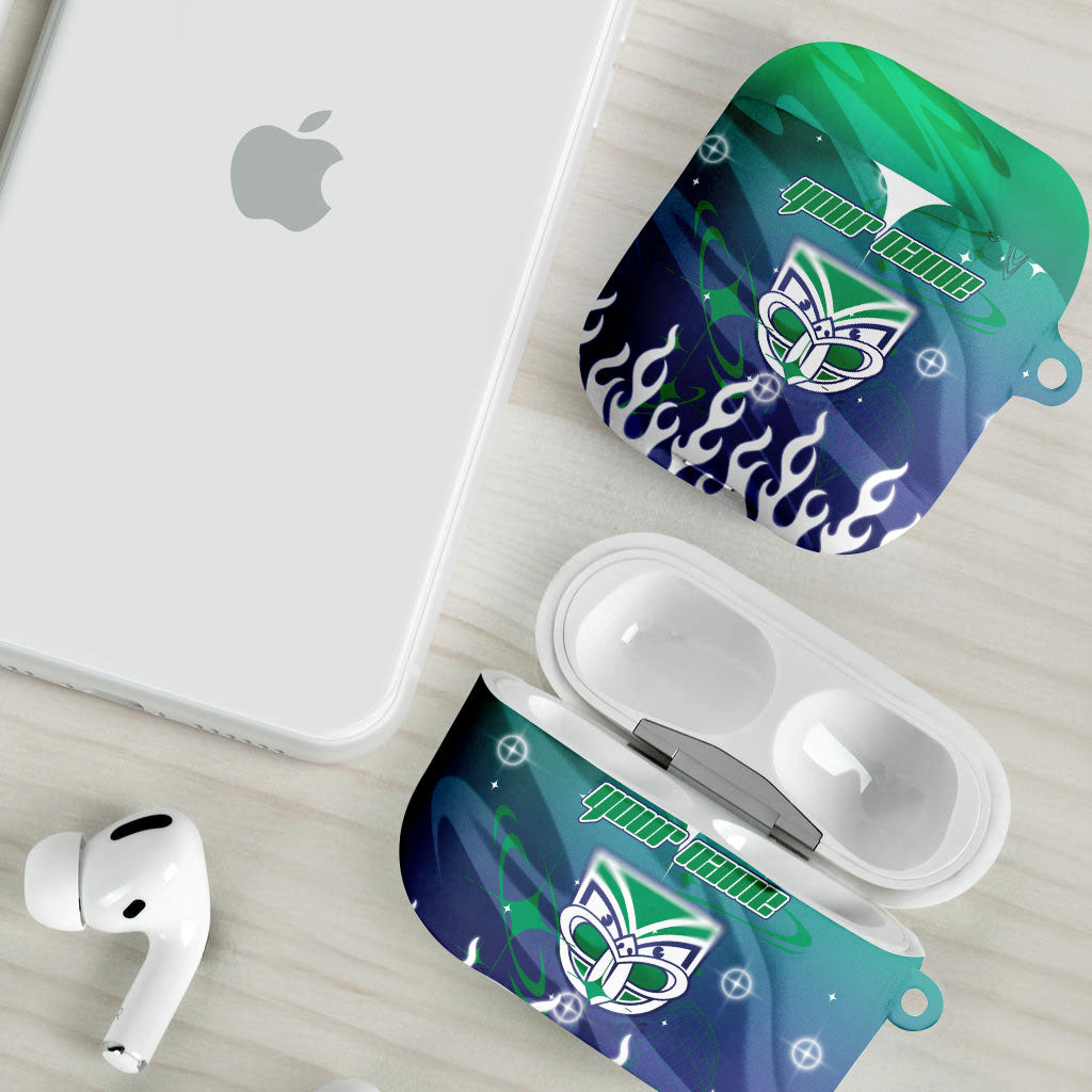 Personalized New Zealand Warriors AirPods Case Y2K Grunge Aesthetic With Cyber Flames and Starburst Graphics