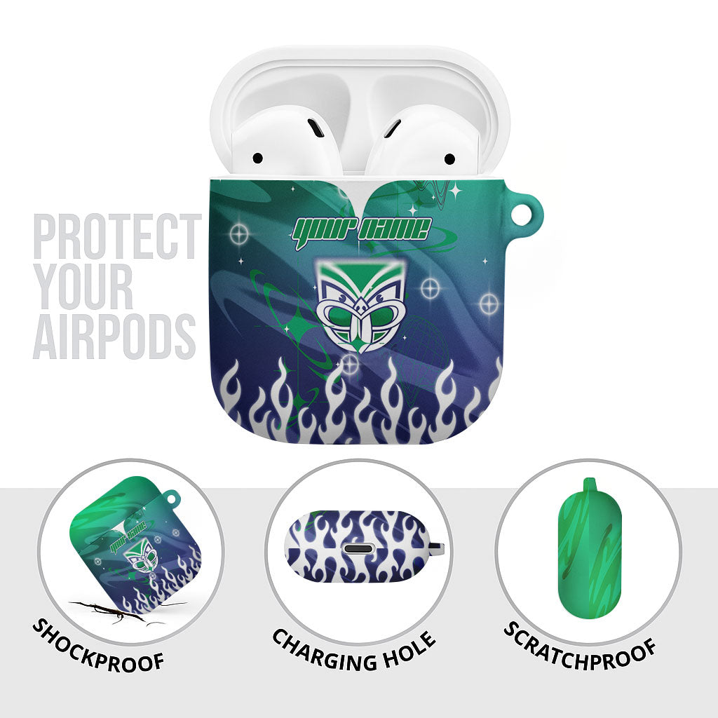 Personalized New Zealand Warriors AirPods Case Y2K Grunge Aesthetic With Cyber Flames and Starburst Graphics