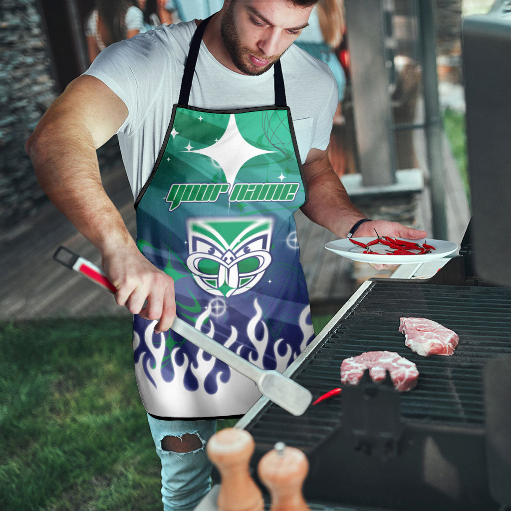 Personalized New Zealand Warriors Apron Y2K Grunge Aesthetic With Cyber Flames and Starburst Graphics