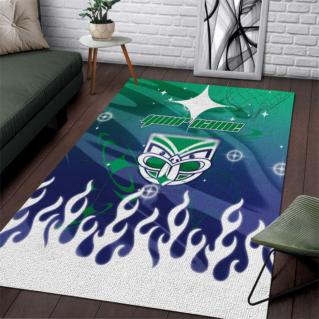 Personalized New Zealand Warriors Area Rug Y2K Grunge Aesthetic With Cyber Flames and Starburst Graphics