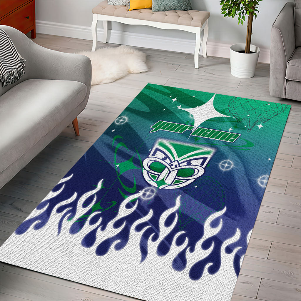 Personalized New Zealand Warriors Area Rug Y2K Grunge Aesthetic With Cyber Flames and Starburst Graphics