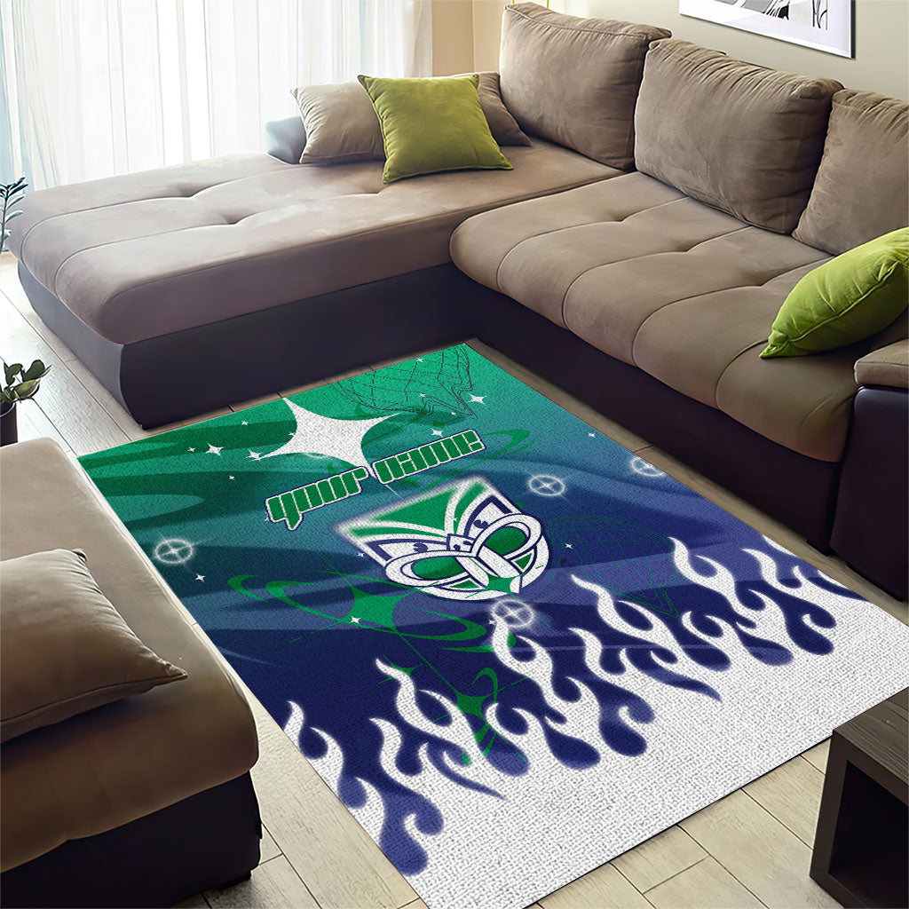 Personalized New Zealand Warriors Area Rug Y2K Grunge Aesthetic With Cyber Flames and Starburst Graphics
