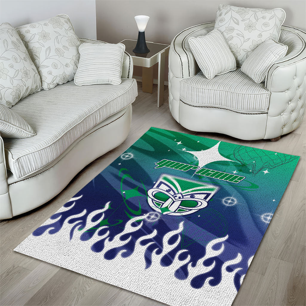 Personalized New Zealand Warriors Area Rug Y2K Grunge Aesthetic With Cyber Flames and Starburst Graphics