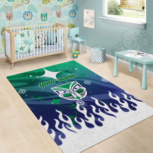 Personalized New Zealand Warriors Area Rug Y2K Grunge Aesthetic With Cyber Flames and Starburst Graphics