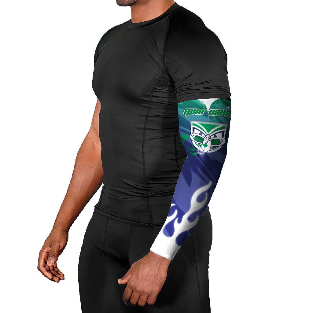 Personalized New Zealand Warriors Arm Sleeves Y2K Grunge Aesthetic With Cyber Flames and Starburst Graphics