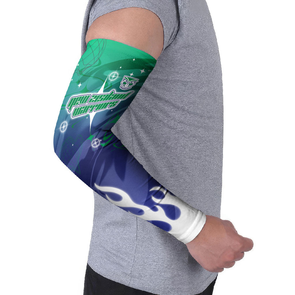 Personalized New Zealand Warriors Arm Sleeves Y2K Grunge Aesthetic With Cyber Flames and Starburst Graphics