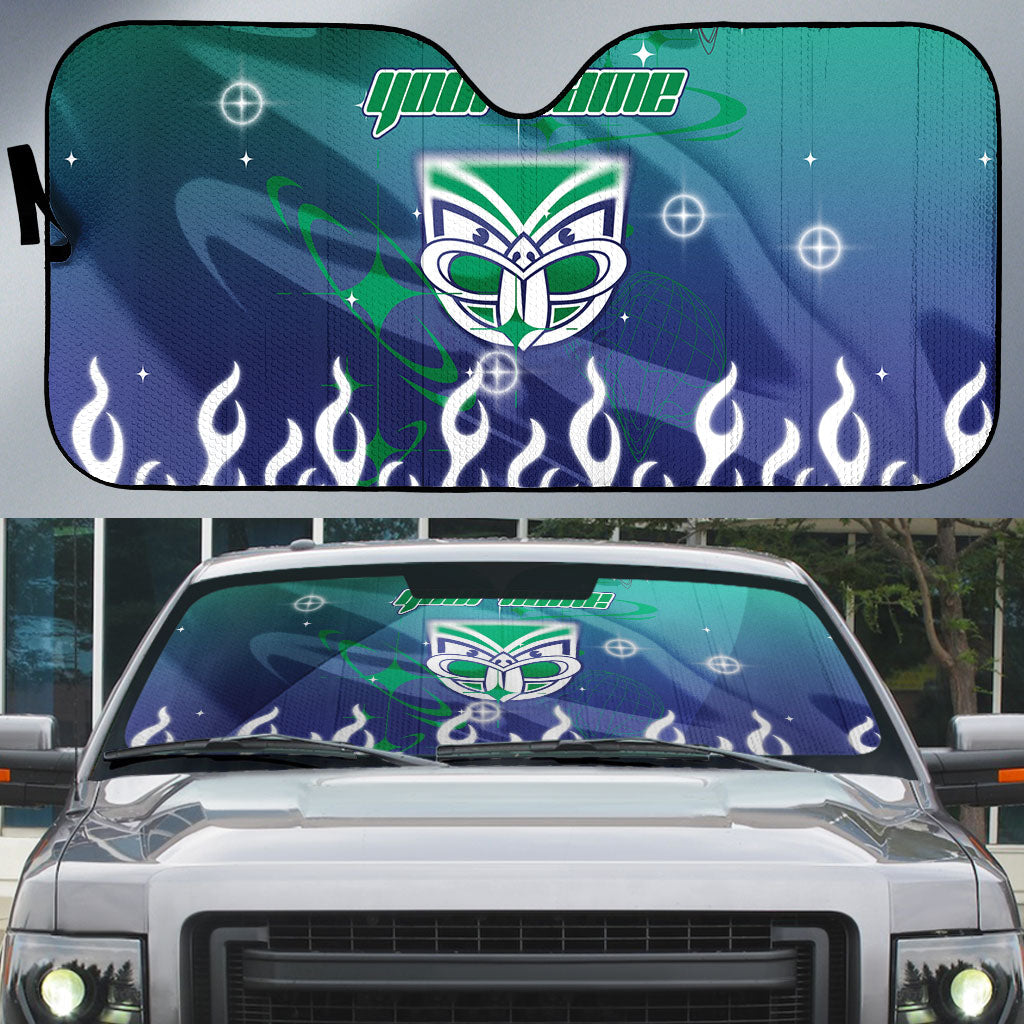 Personalized New Zealand Warriors Auto Sun Shade Y2K Grunge Aesthetic With Cyber Flames and Starburst Graphics