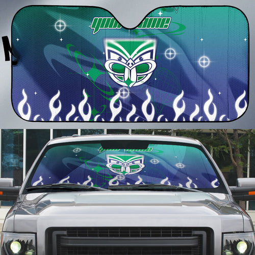 Personalized New Zealand Warriors Auto Sun Shade Y2K Grunge Aesthetic With Cyber Flames and Starburst Graphics