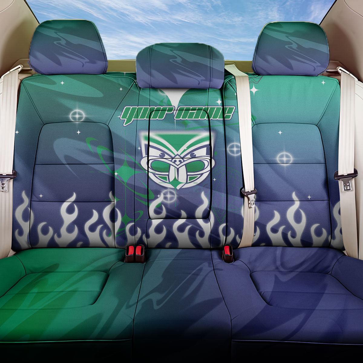 Personalized New Zealand Warriors Back Car Seat Cover Y2K Grunge Aesthetic With Cyber Flames and Starburst Graphics