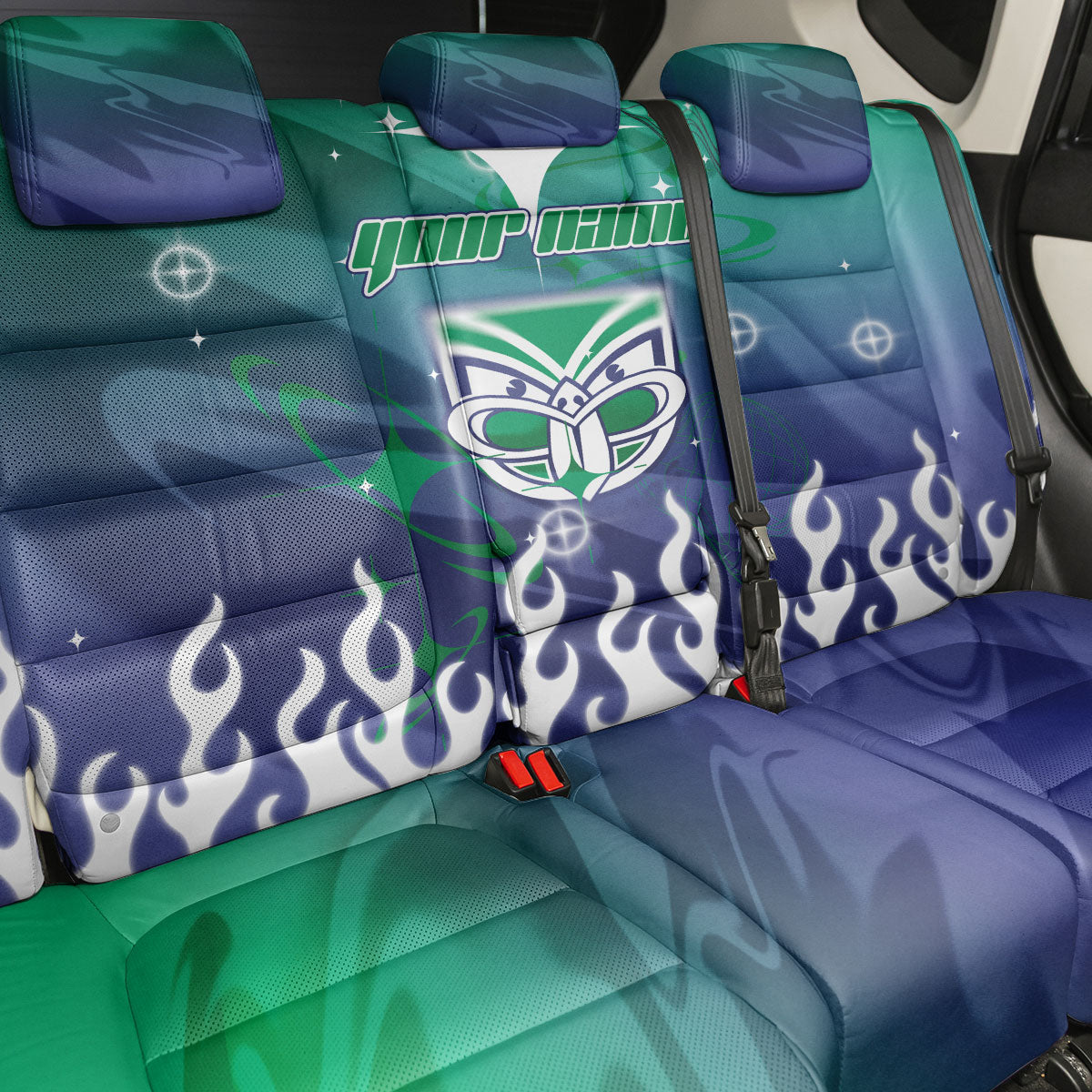Personalized New Zealand Warriors Back Car Seat Cover Y2K Grunge Aesthetic With Cyber Flames and Starburst Graphics