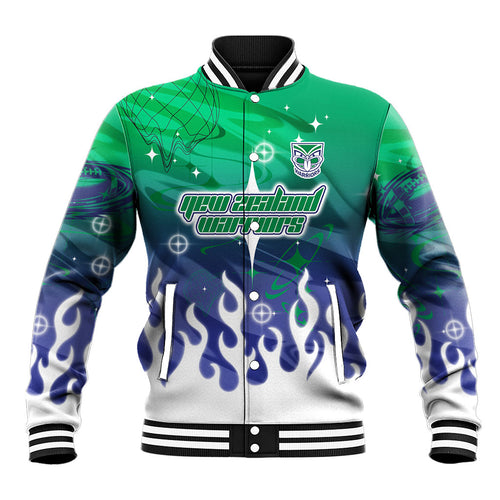 Personalized New Zealand Warriors Baseball Jacket Y2K Grunge Aesthetic With Cyber Flames and Starburst Graphics