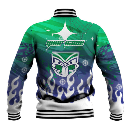 Personalized New Zealand Warriors Baseball Jacket Y2K Grunge Aesthetic With Cyber Flames and Starburst Graphics