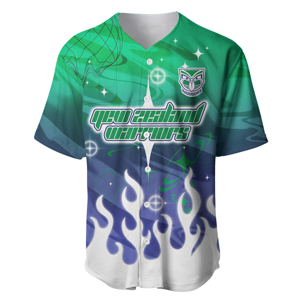 Personalized New Zealand Warriors Baseball Jersey Y2K Grunge Aesthetic With Cyber Flames and Starburst Graphics