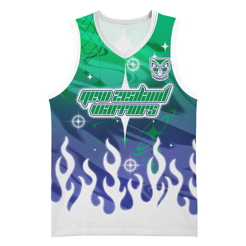 Personalized New Zealand Warriors Basketball Jersey Y2K Grunge Aesthetic With Cyber Flames and Starburst Graphics