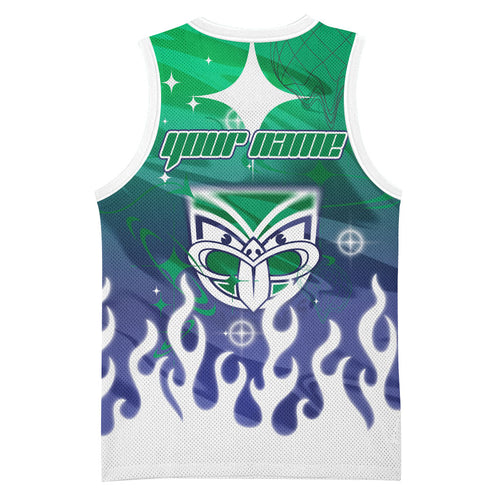 Personalized New Zealand Warriors Basketball Jersey Y2K Grunge Aesthetic With Cyber Flames and Starburst Graphics