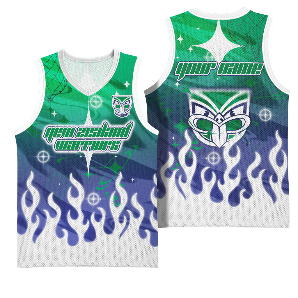 Personalized New Zealand Warriors Basketball Jersey Y2K Grunge Aesthetic With Cyber Flames and Starburst Graphics