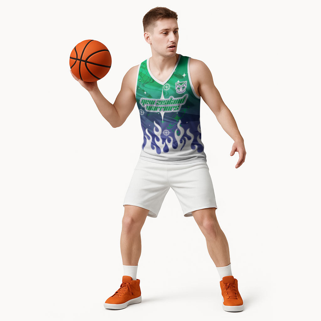 Personalized New Zealand Warriors Basketball Jersey Y2K Grunge Aesthetic With Cyber Flames and Starburst Graphics