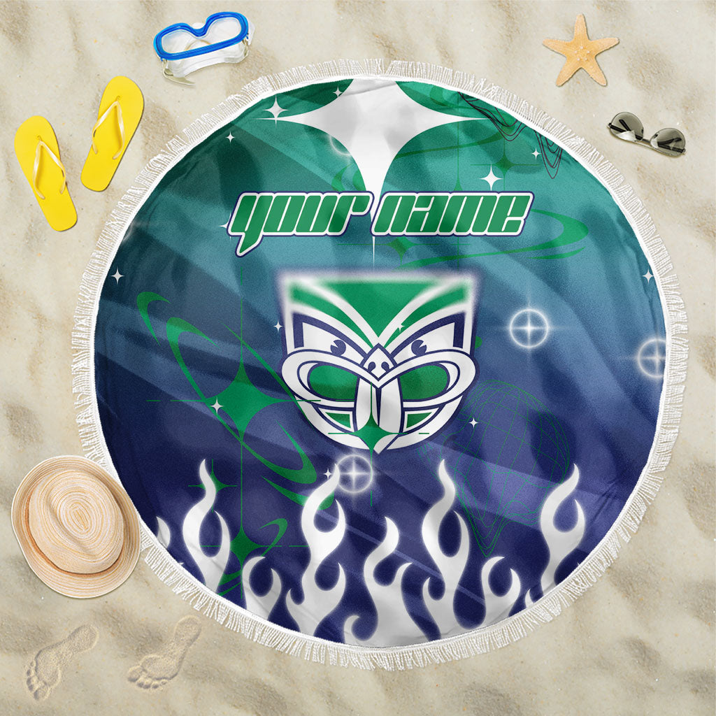 Personalized New Zealand Warriors Beach Blanket Y2K Grunge Aesthetic With Cyber Flames and Starburst Graphics