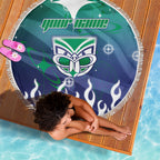 Personalized New Zealand Warriors Beach Blanket Y2K Grunge Aesthetic With Cyber Flames and Starburst Graphics