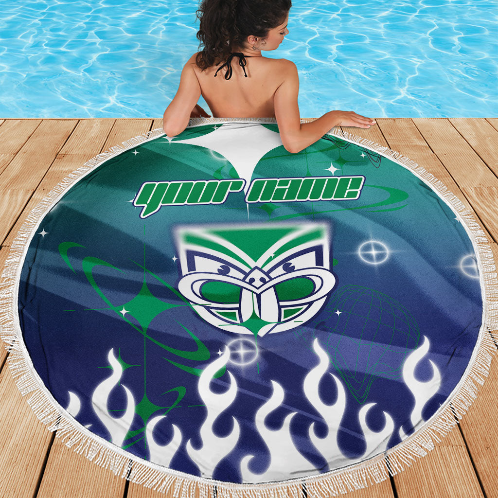 Personalized New Zealand Warriors Beach Blanket Y2K Grunge Aesthetic With Cyber Flames and Starburst Graphics