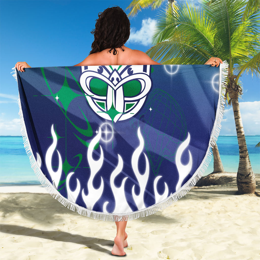 Personalized New Zealand Warriors Beach Blanket Y2K Grunge Aesthetic With Cyber Flames and Starburst Graphics