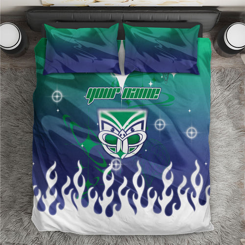 Personalized New Zealand Warriors Bedding Set Y2K Grunge Aesthetic With Cyber Flames and Starburst Graphics