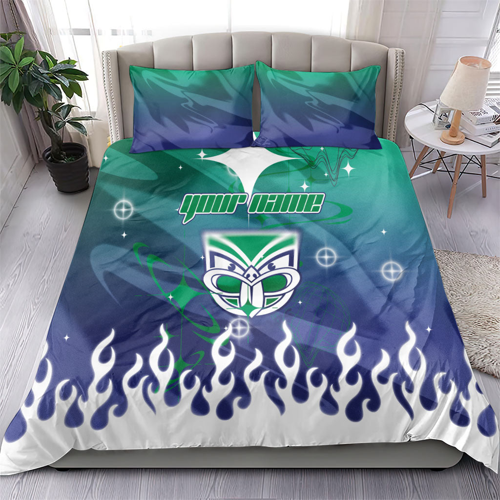Personalized New Zealand Warriors Bedding Set Y2K Grunge Aesthetic With Cyber Flames and Starburst Graphics