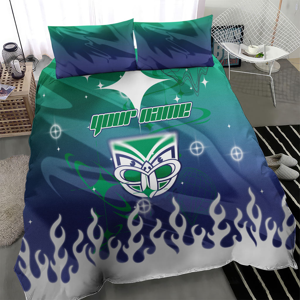 Personalized New Zealand Warriors Bedding Set Y2K Grunge Aesthetic With Cyber Flames and Starburst Graphics