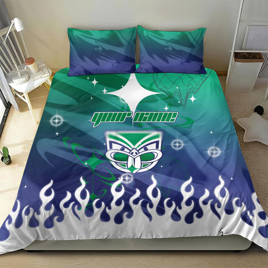 Personalized New Zealand Warriors Bedding Set Y2K Grunge Aesthetic With Cyber Flames and Starburst Graphics