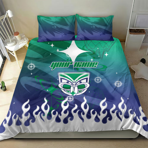 Personalized New Zealand Warriors Bedding Set Y2K Grunge Aesthetic With Cyber Flames and Starburst Graphics