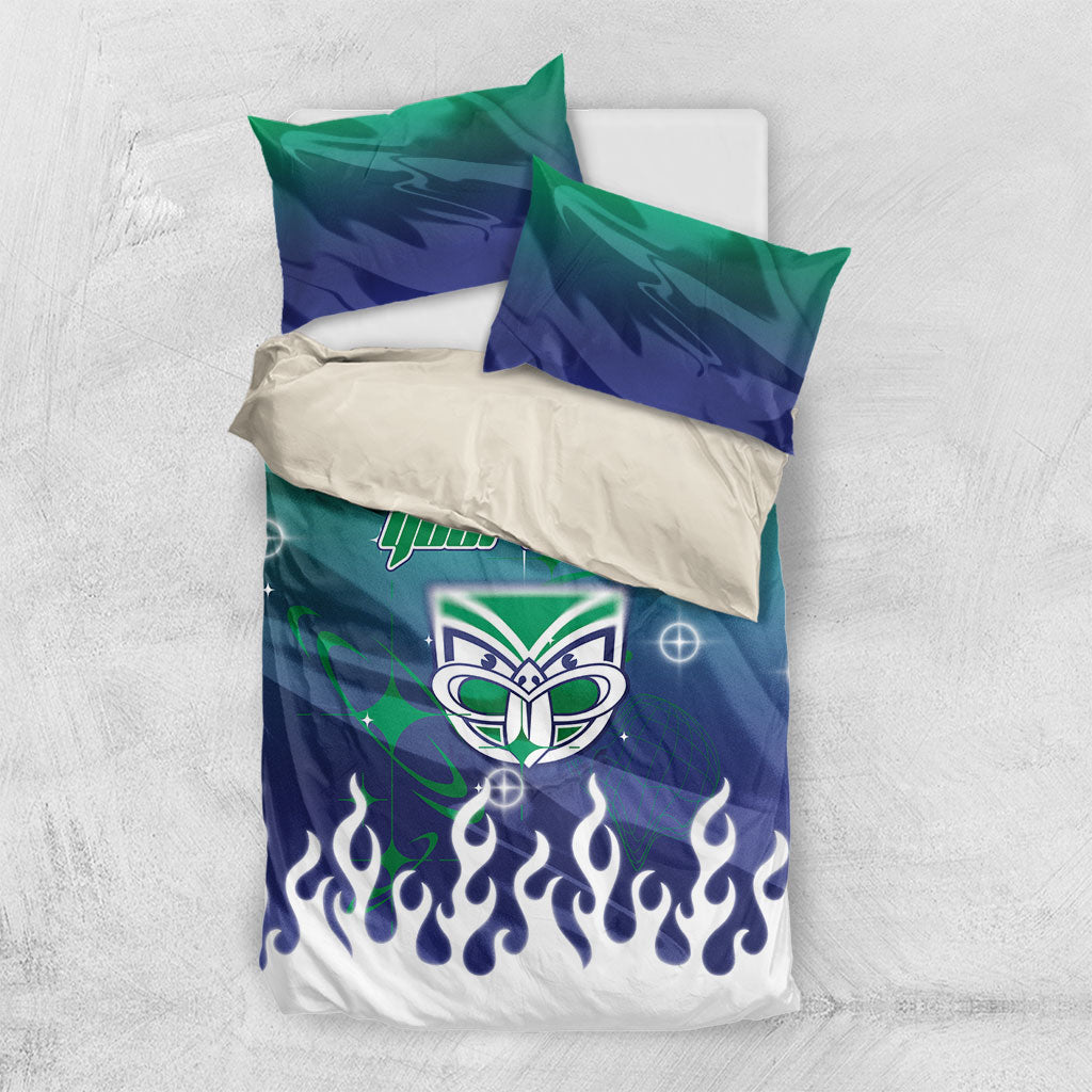 Personalized New Zealand Warriors Bedding Set Y2K Grunge Aesthetic With Cyber Flames and Starburst Graphics