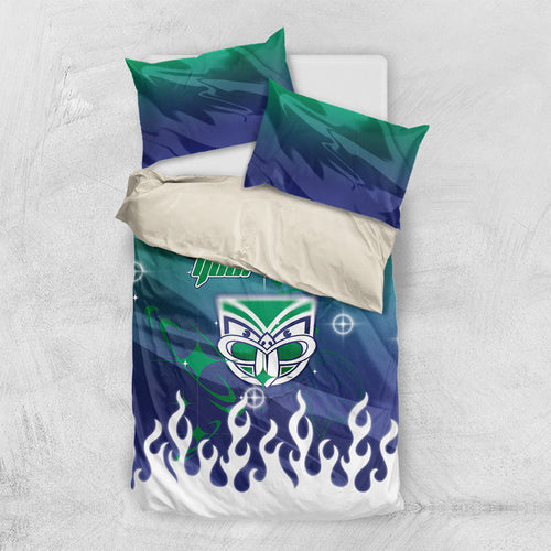 Personalized New Zealand Warriors Bedding Set Y2K Grunge Aesthetic With Cyber Flames and Starburst Graphics