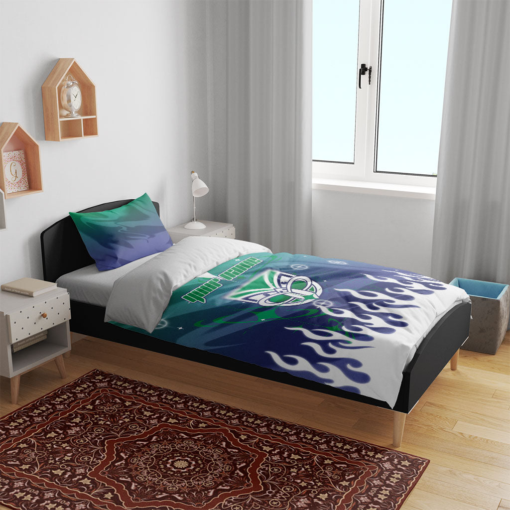 Personalized New Zealand Warriors Bedding Set Y2K Grunge Aesthetic With Cyber Flames and Starburst Graphics