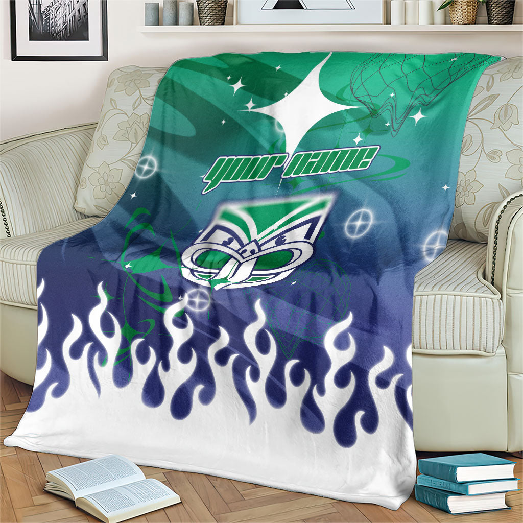 Personalized New Zealand Warriors Blanket Y2K Grunge Aesthetic With Cyber Flames and Starburst Graphics