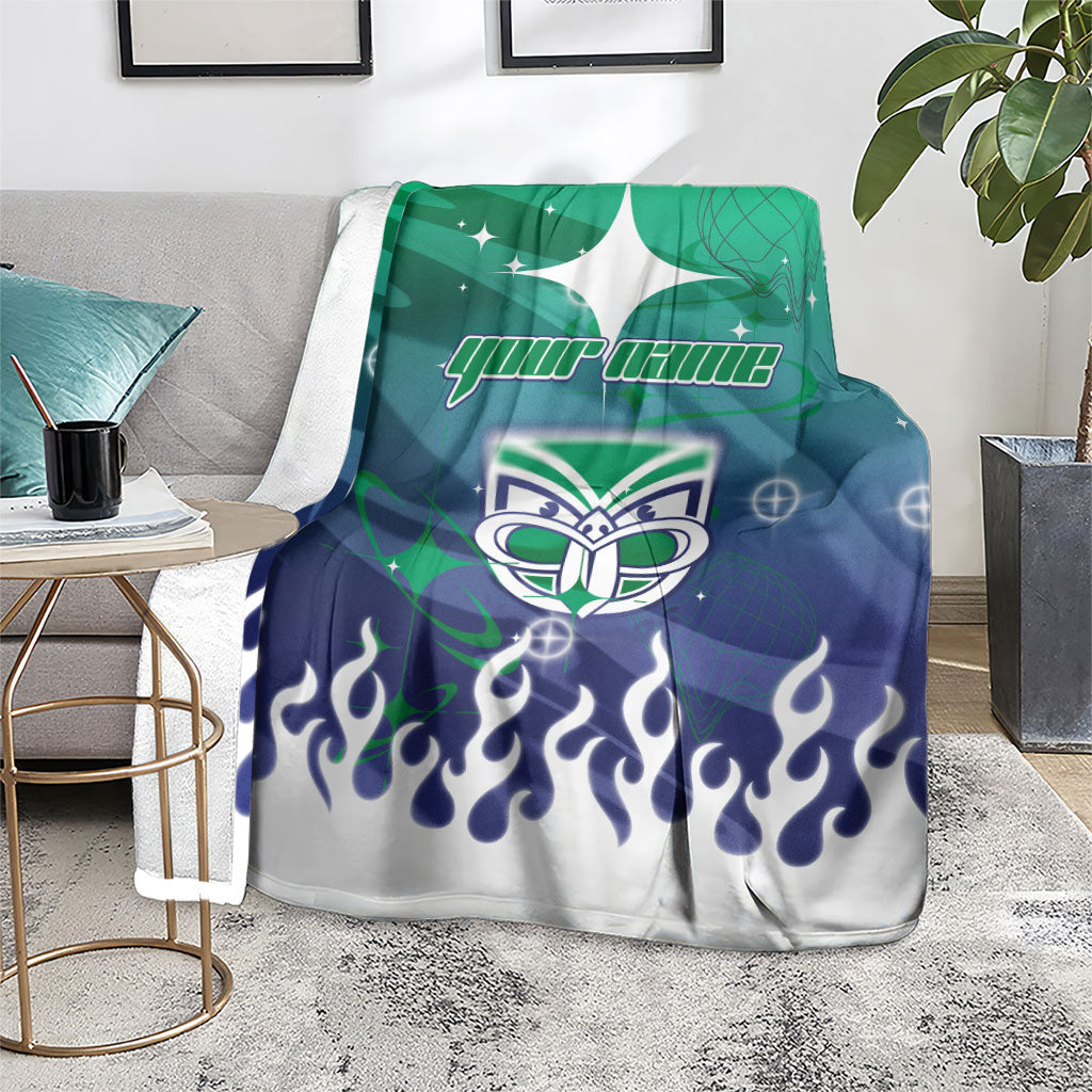 Personalized New Zealand Warriors Blanket Y2K Grunge Aesthetic With Cyber Flames and Starburst Graphics