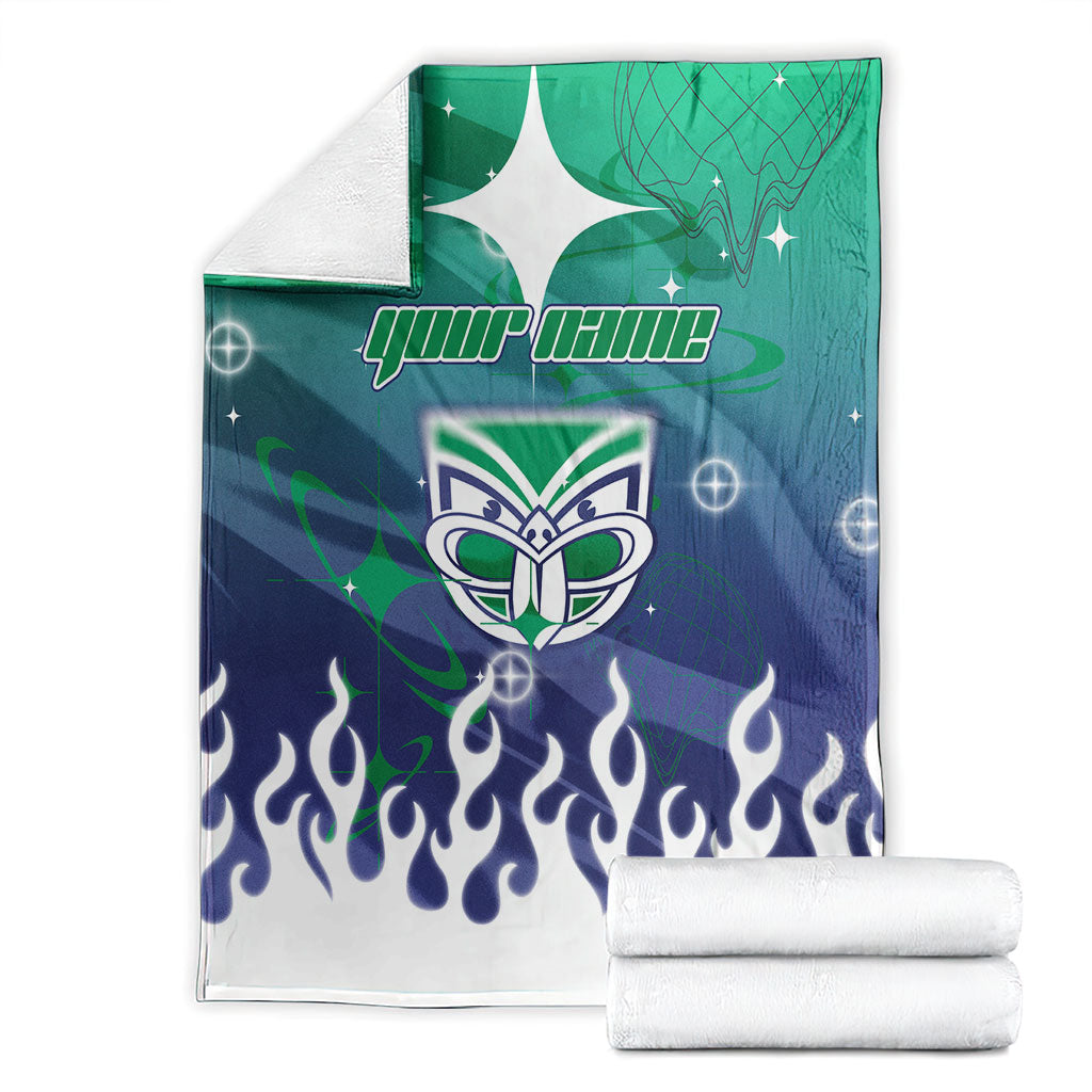 Personalized New Zealand Warriors Blanket Y2K Grunge Aesthetic With Cyber Flames and Starburst Graphics