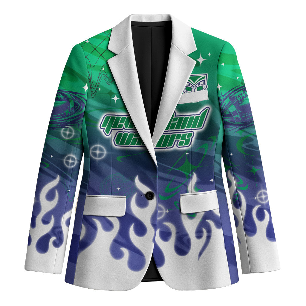 Personalized New Zealand Warriors Blazer Y2K Grunge Aesthetic With Cyber Flames and Starburst Graphics
